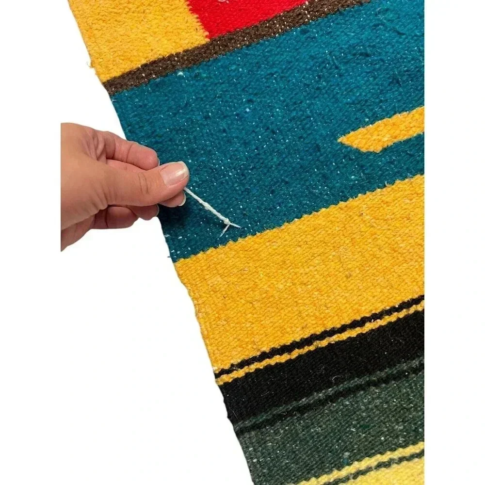 VTG Southwest Tapestry Woven Blanket Church Town Birds Pueblo Mexico Color Block